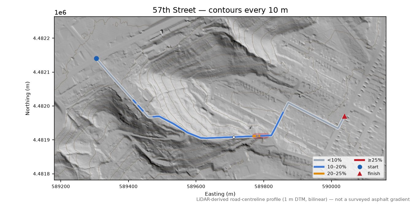 57th Street LiDAR hillshade map with contours