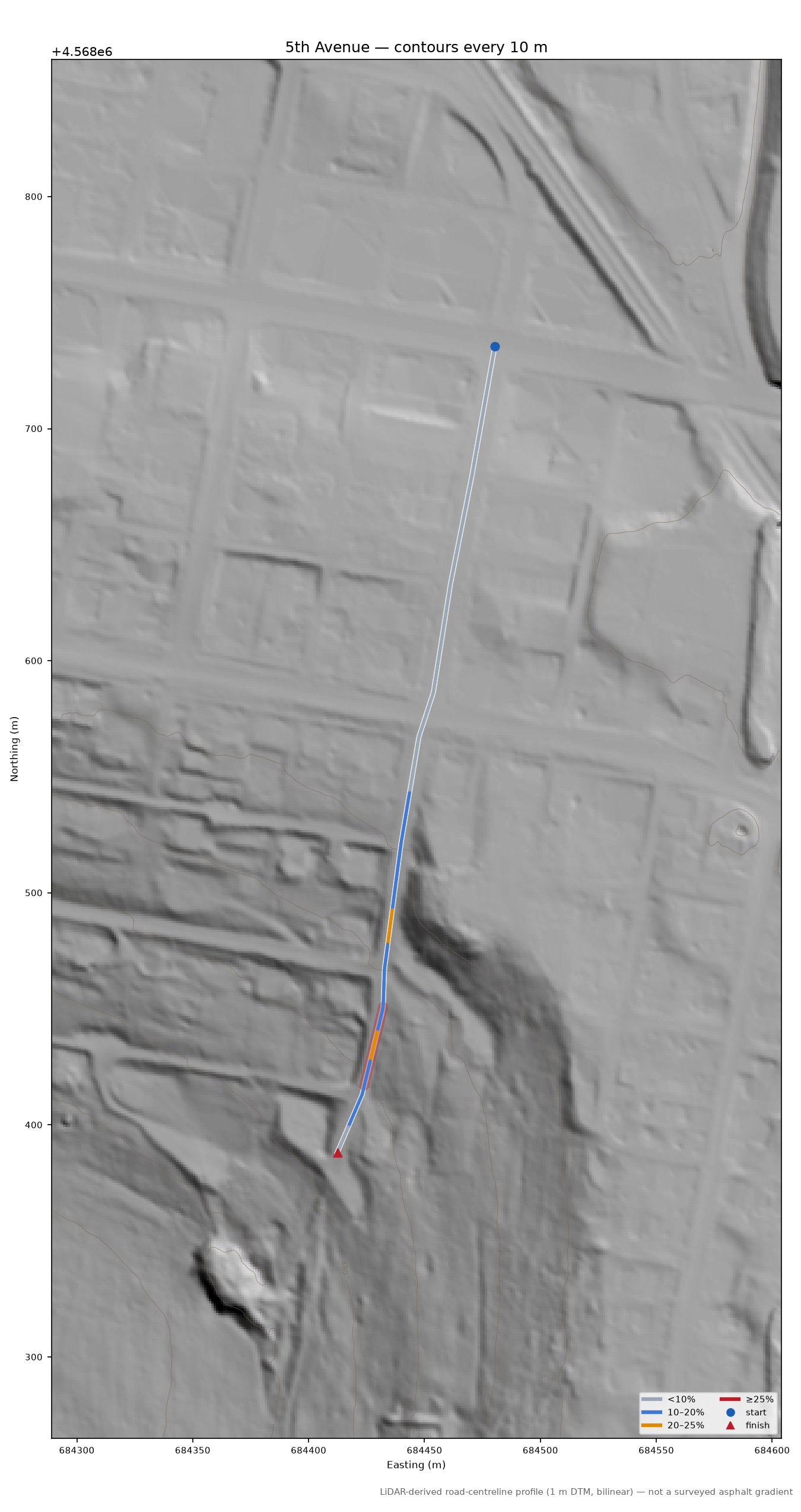 5th Avenue LiDAR hillshade map with contours