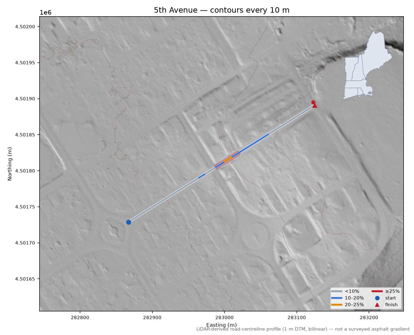 5th Avenue LiDAR hillshade map with contours