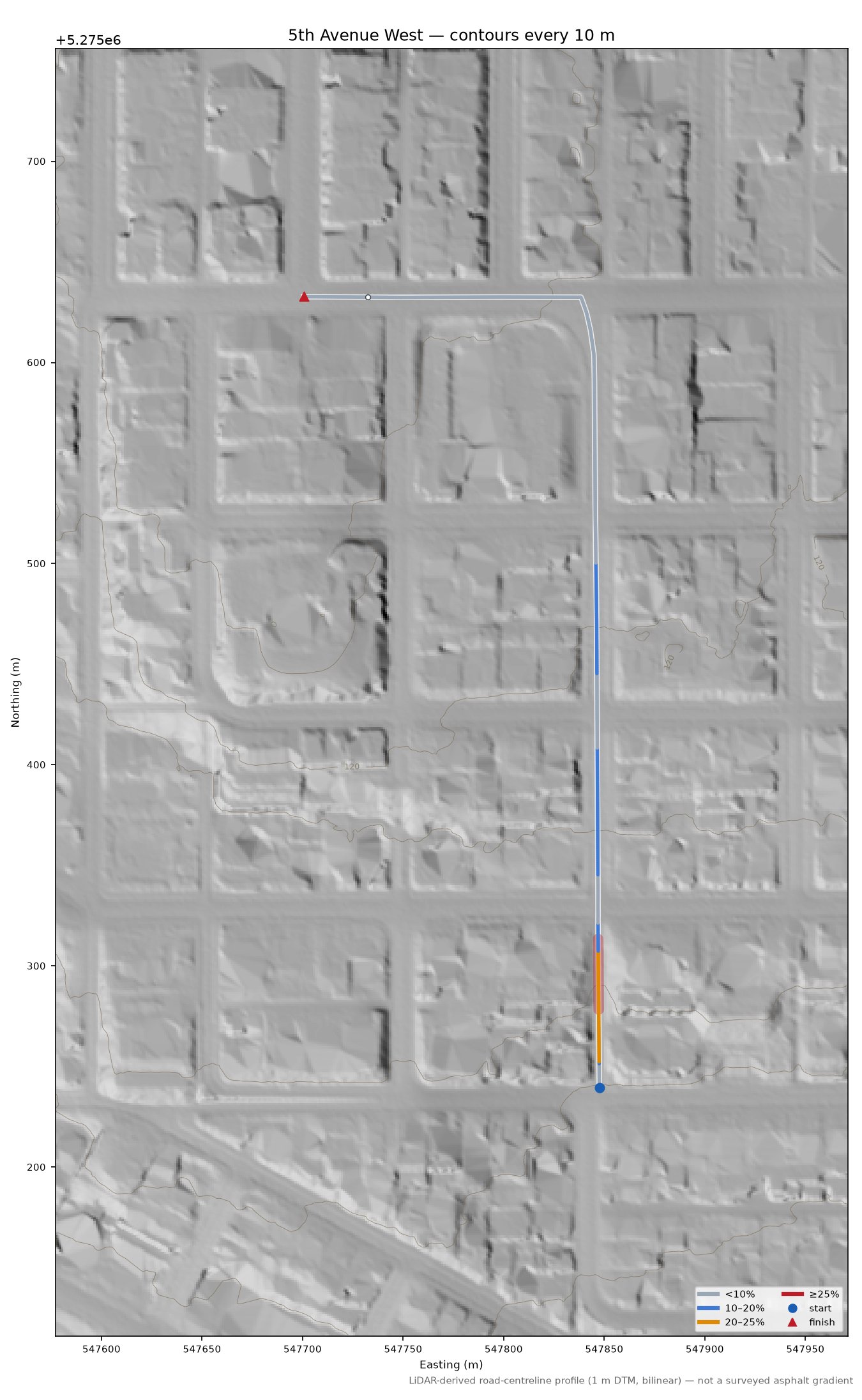 5th Avenue West LiDAR hillshade map with contours