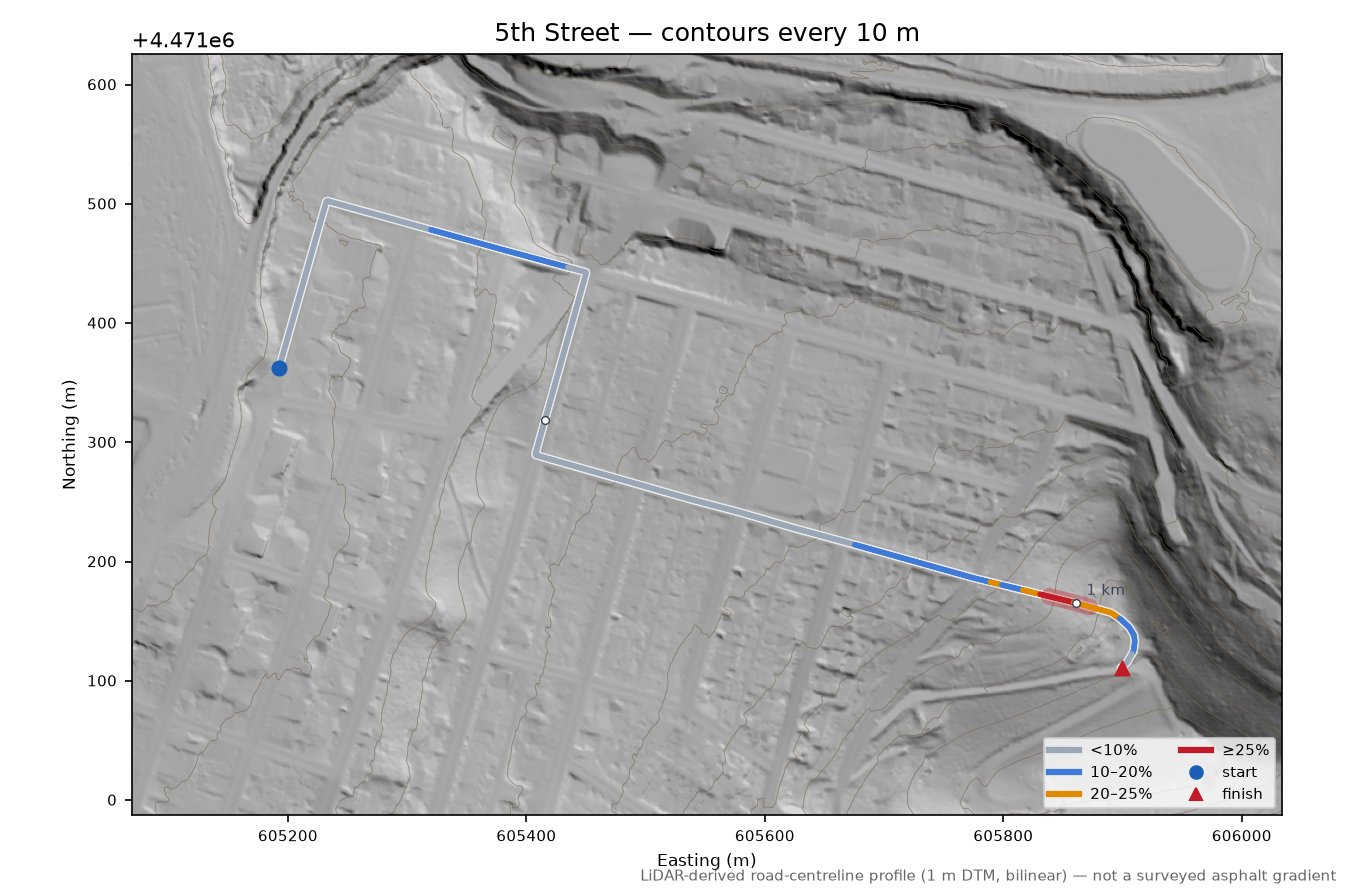 5th Street LiDAR hillshade map with contours