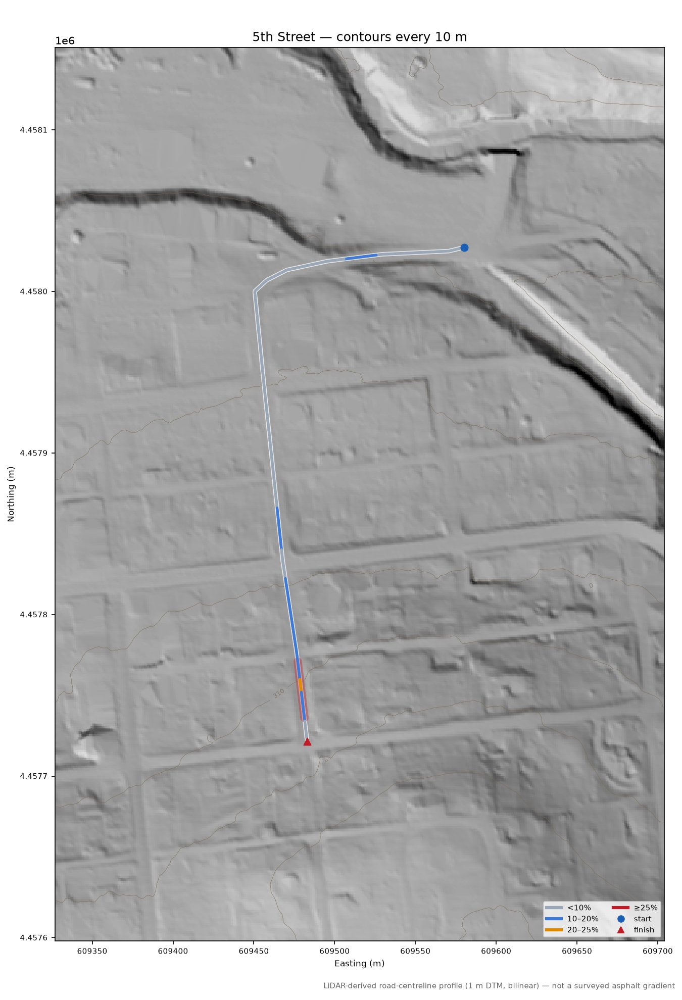 5th Street LiDAR hillshade map with contours