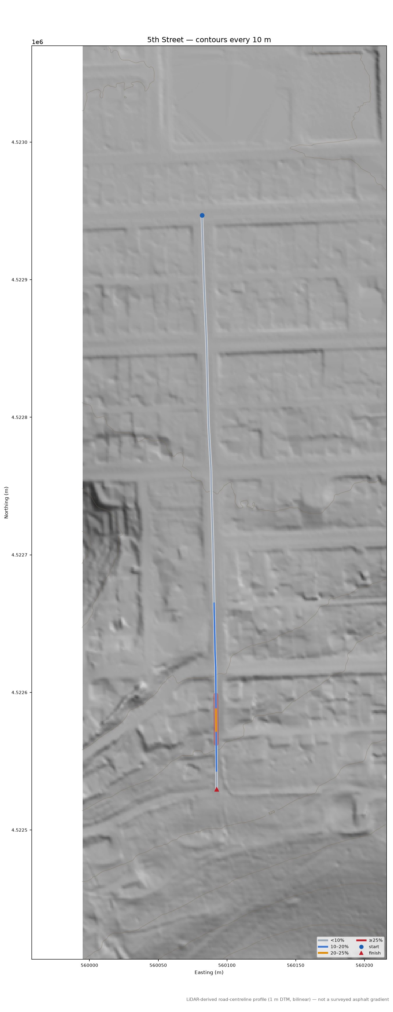 5th Street LiDAR hillshade map with contours