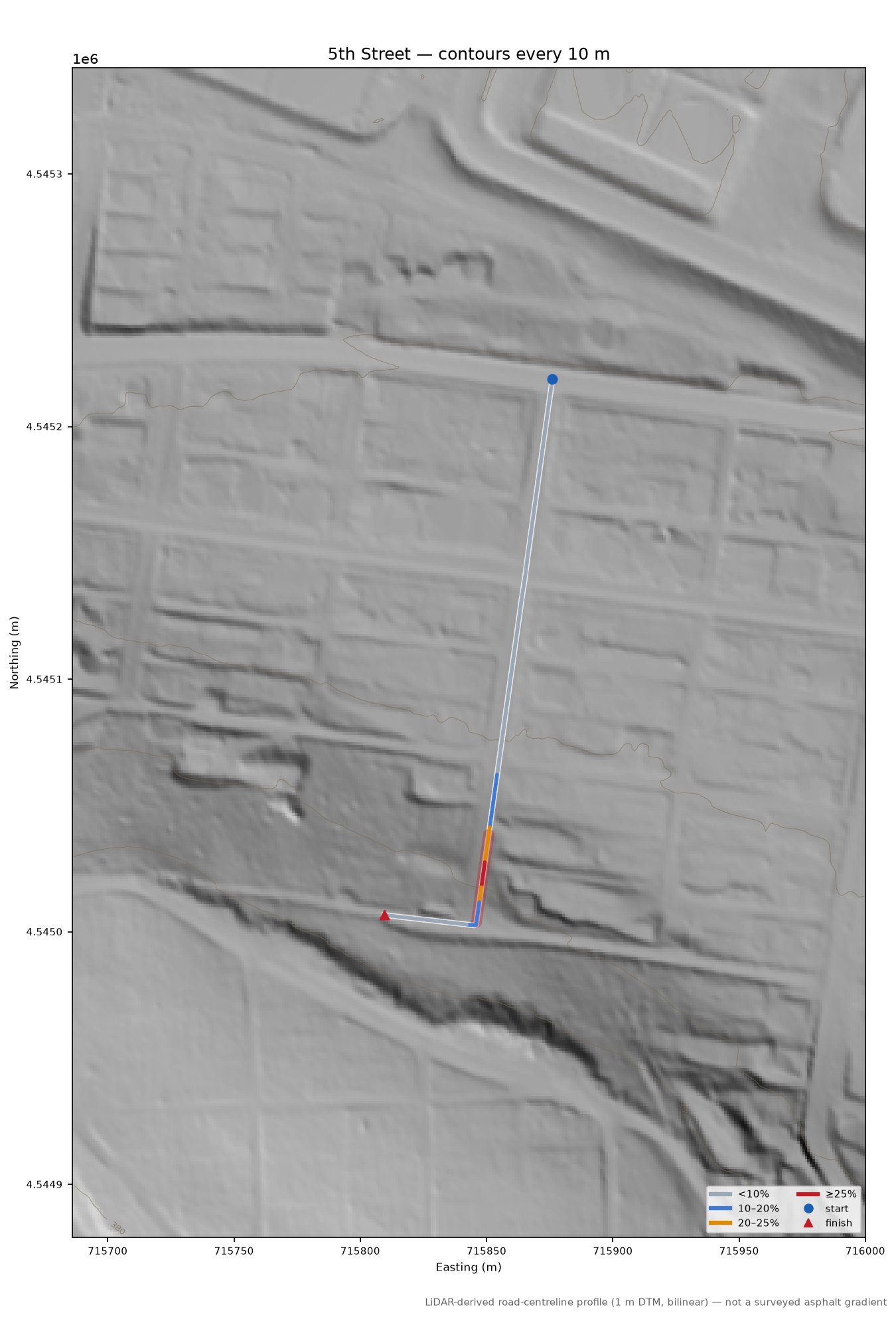 5th Street LiDAR hillshade map with contours