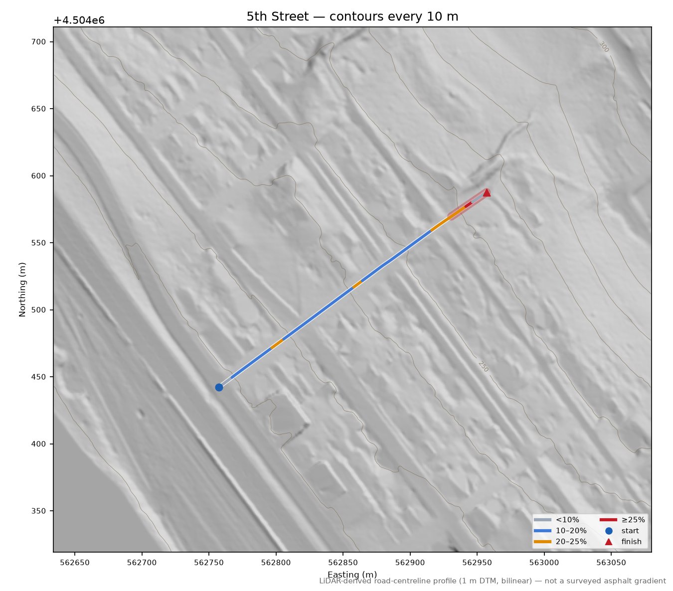 5th Street LiDAR hillshade map with contours