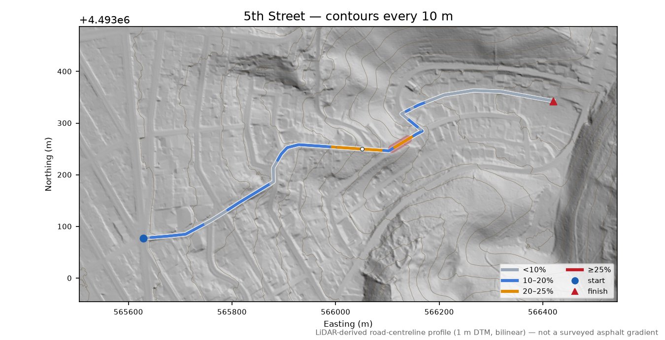 5th Street LiDAR hillshade map with contours