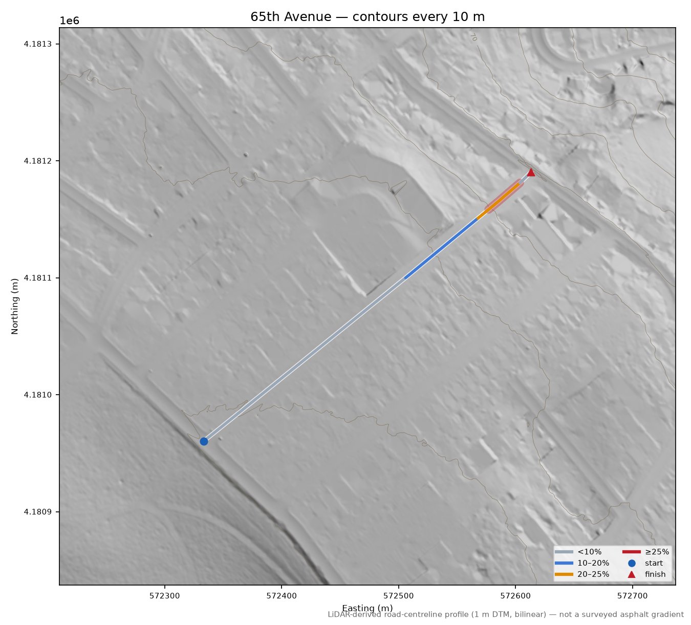 65th Avenue LiDAR hillshade map with contours