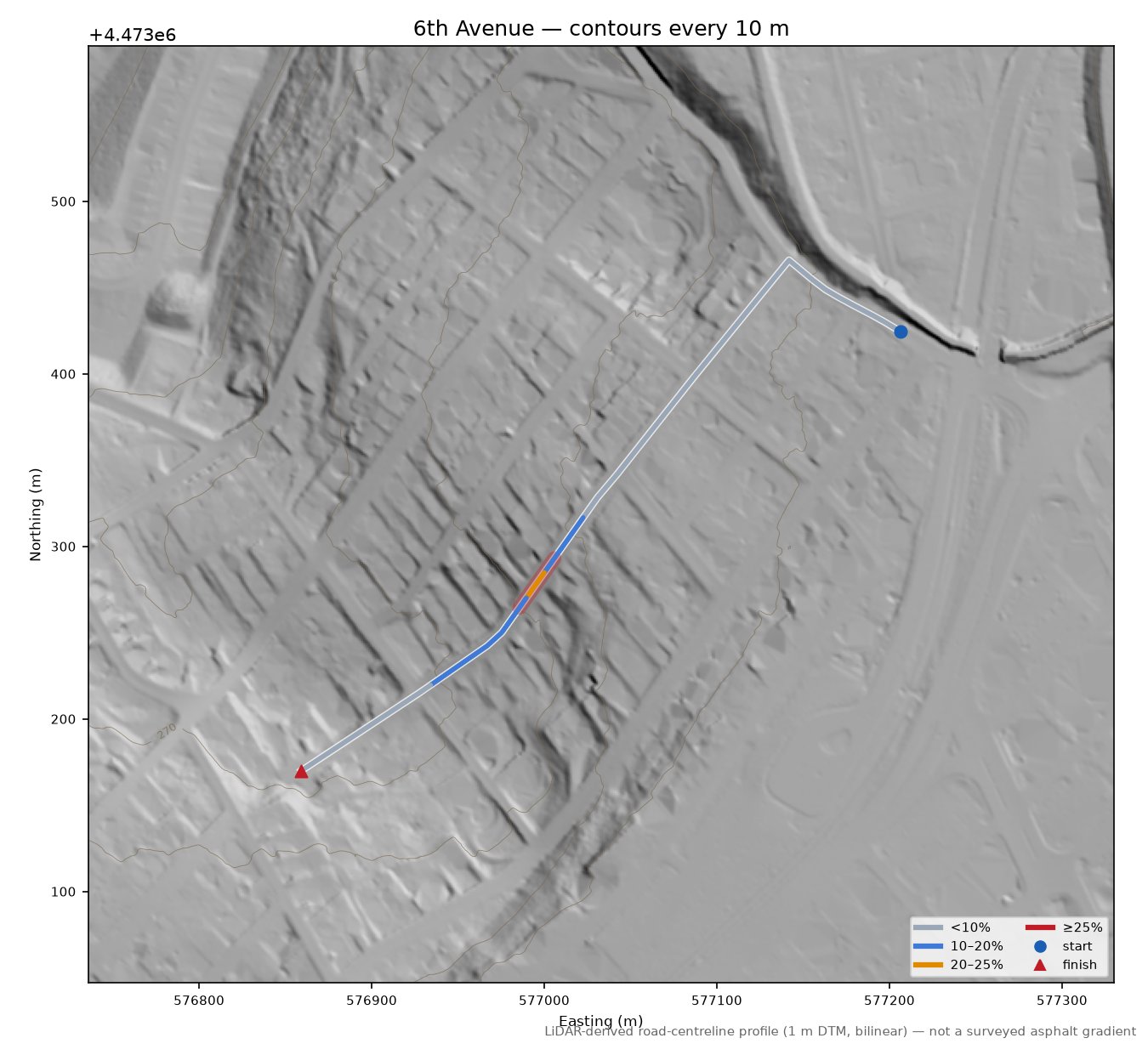6th Avenue LiDAR hillshade map with contours