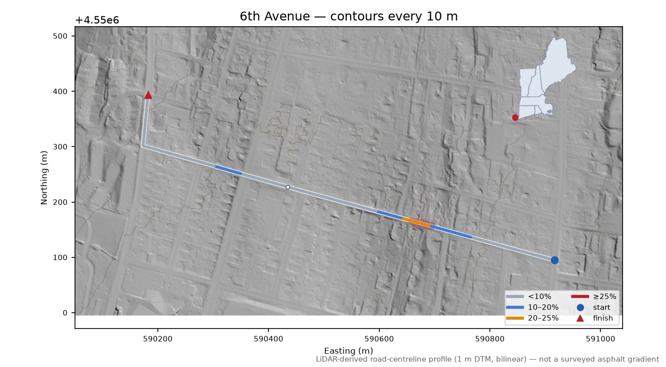 6th Avenue LiDAR hillshade map with contours