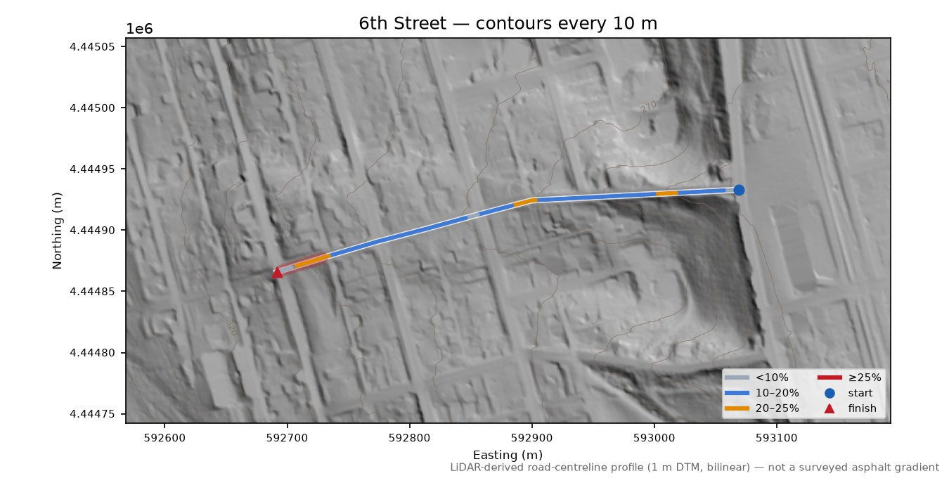 6th Street LiDAR hillshade map with contours