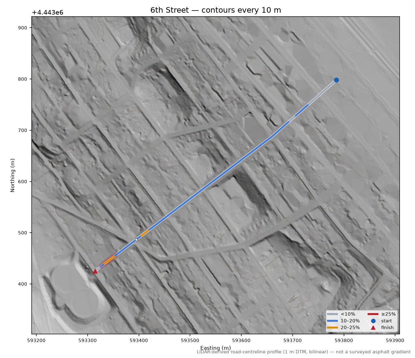 6th Street LiDAR hillshade map with contours