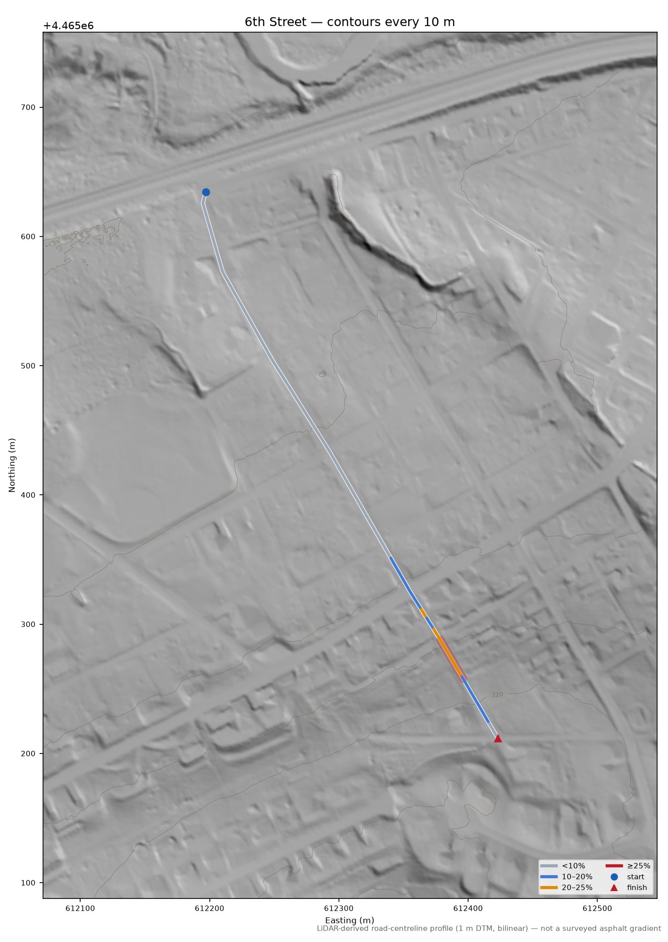 6th Street LiDAR hillshade map with contours