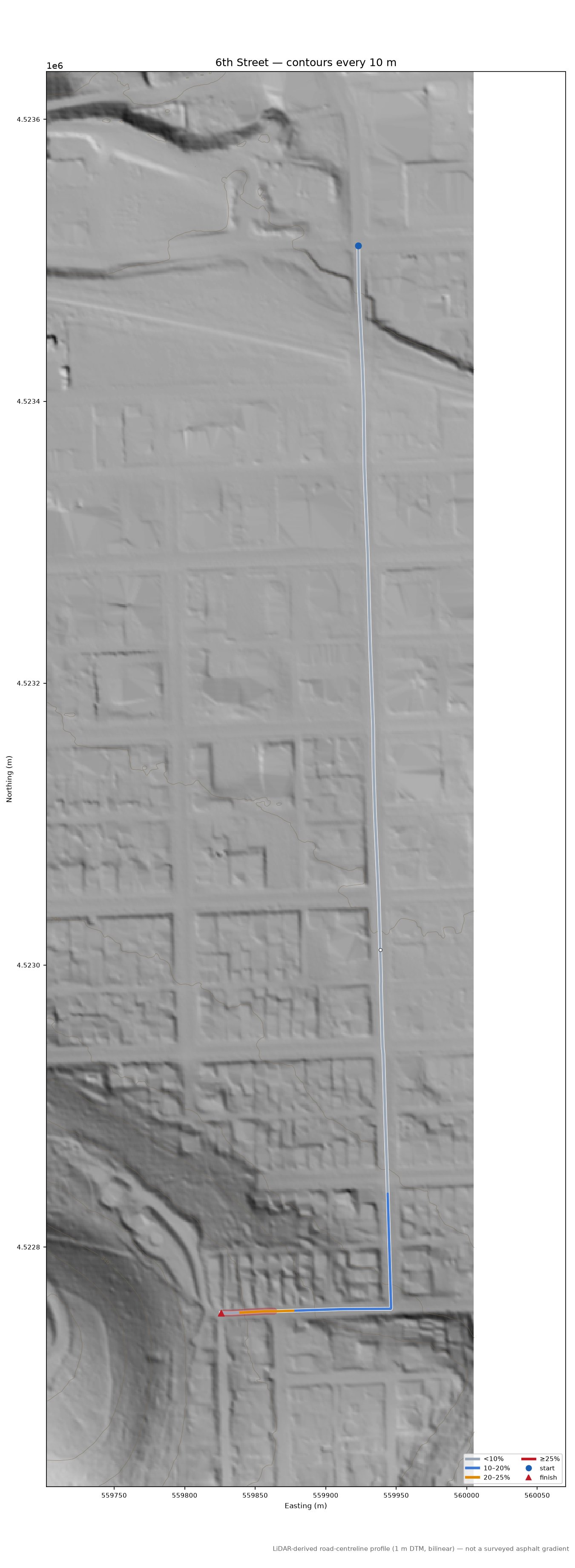6th Street LiDAR hillshade map with contours