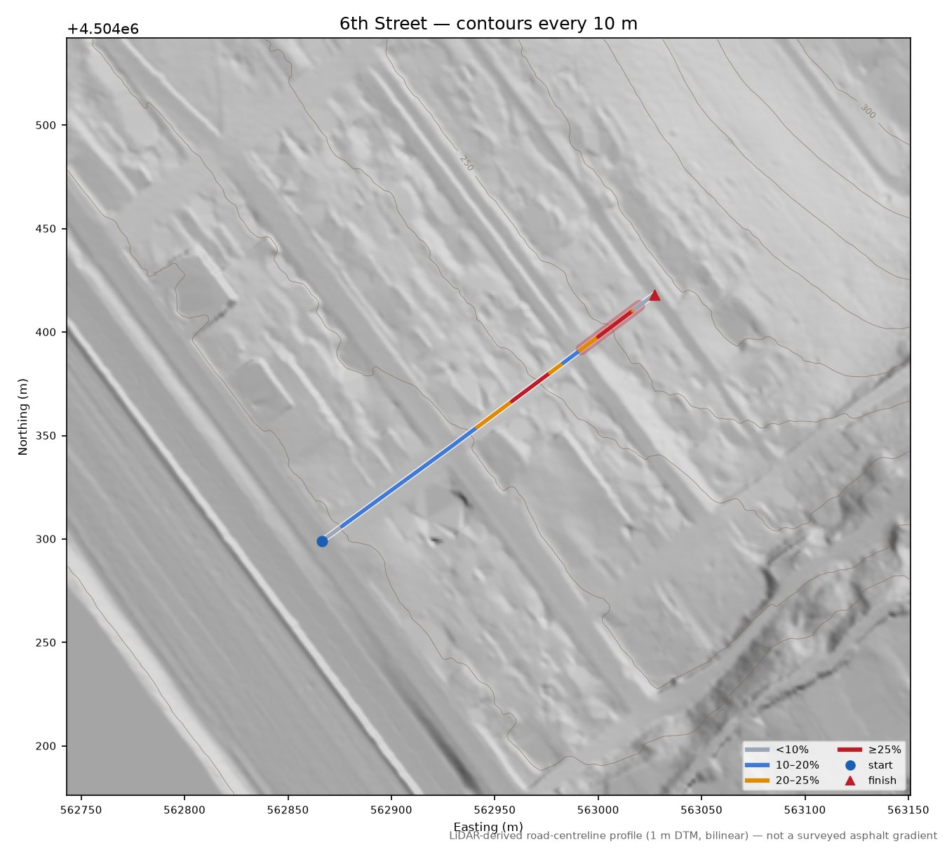 6th Street LiDAR hillshade map with contours