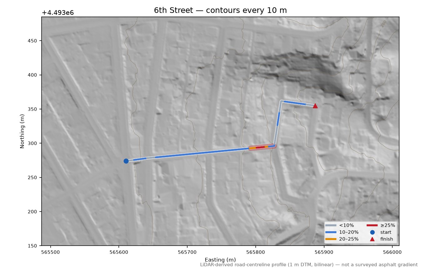 6th Street LiDAR hillshade map with contours