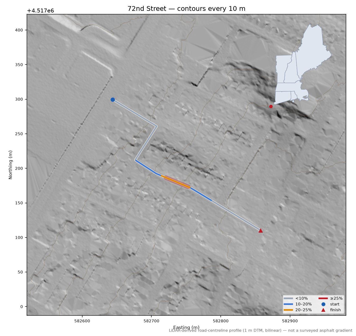 72nd Street LiDAR hillshade map with contours