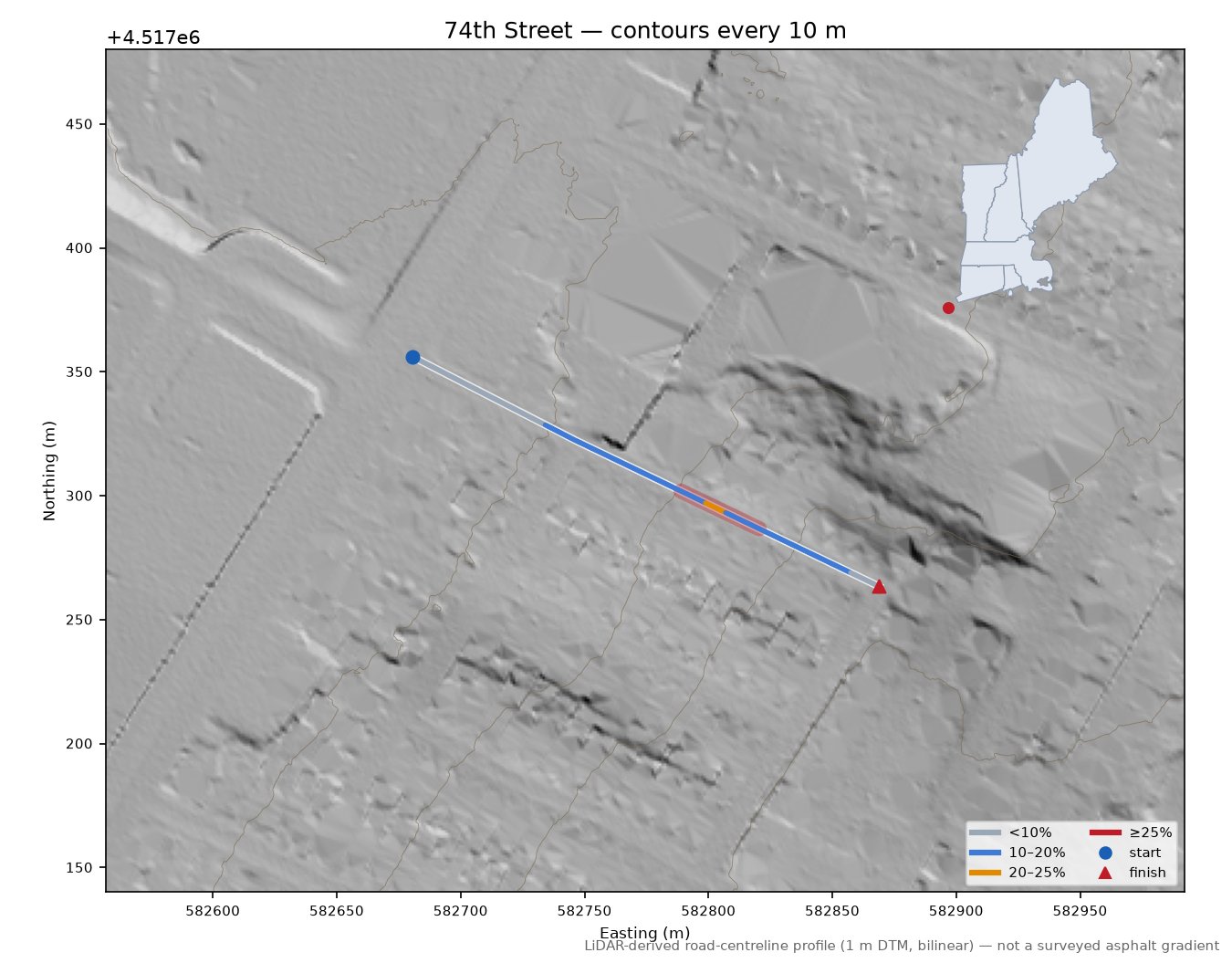 74th Street LiDAR hillshade map with contours