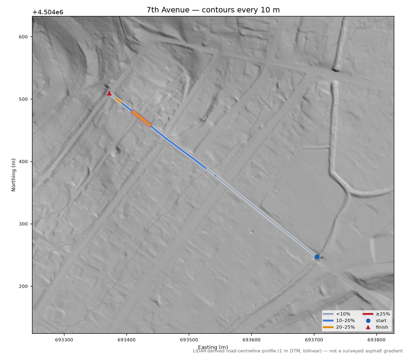 7th Avenue LiDAR hillshade map with contours