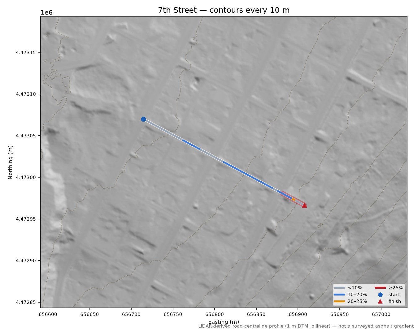 7th Street LiDAR hillshade map with contours