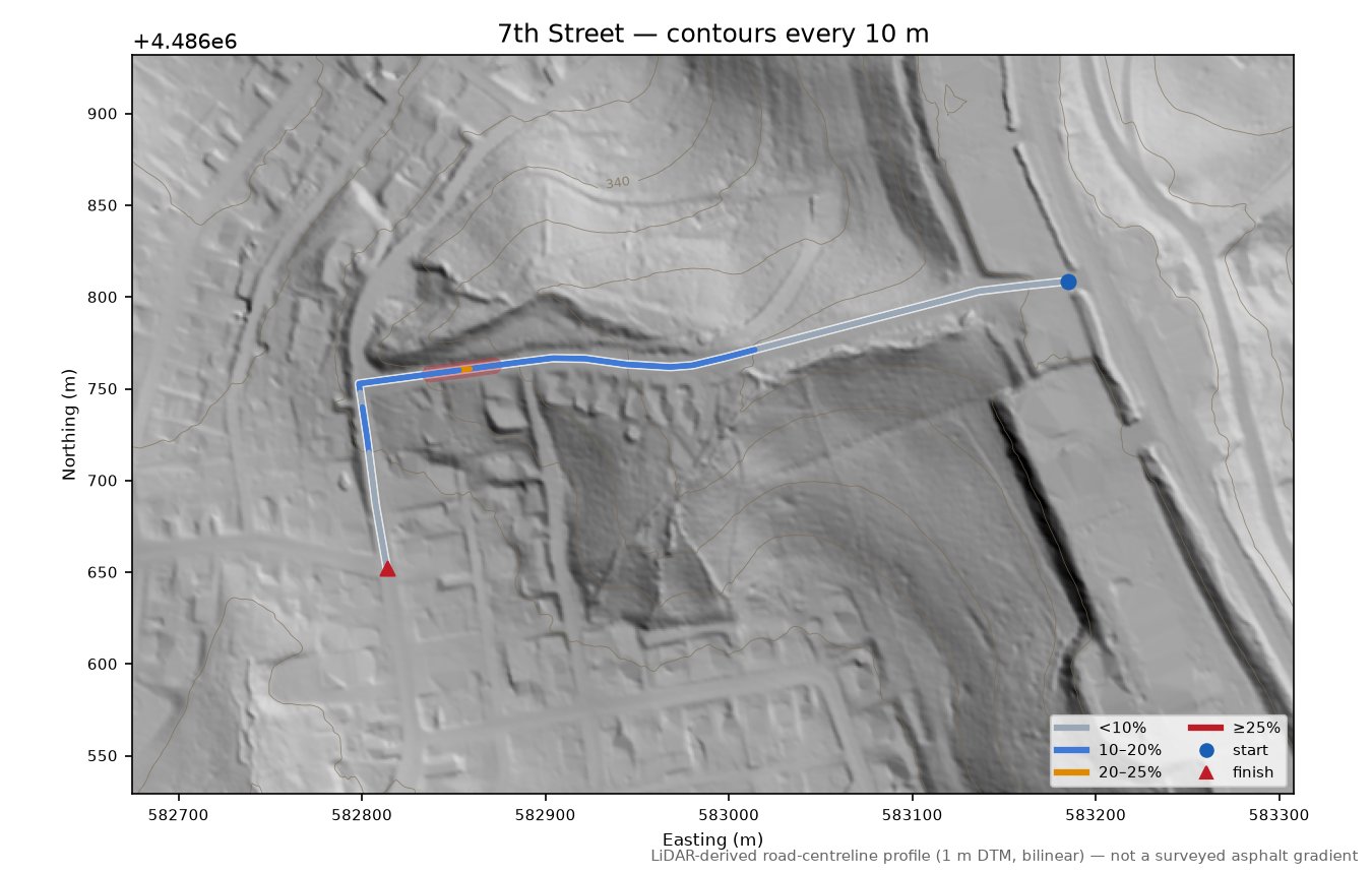 7th Street LiDAR hillshade map with contours
