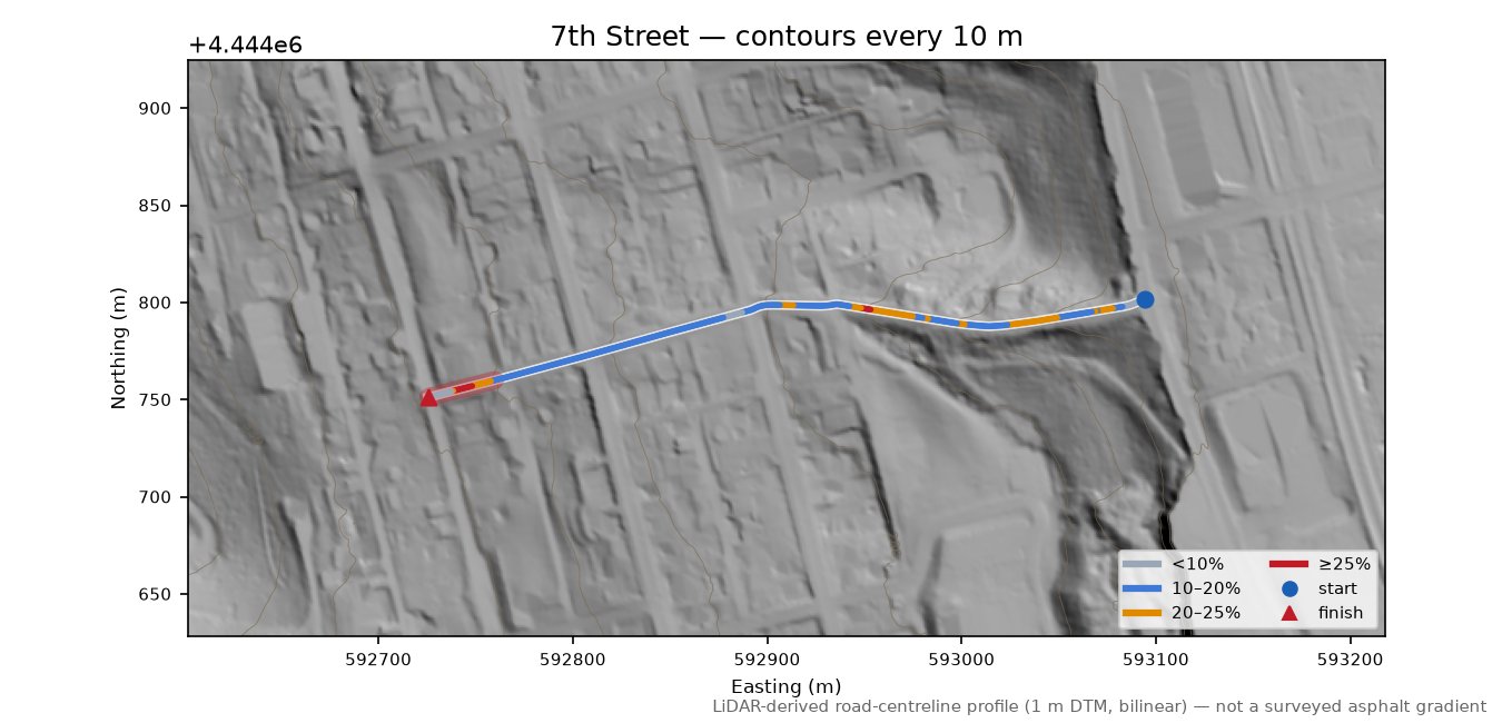 7th Street LiDAR hillshade map with contours