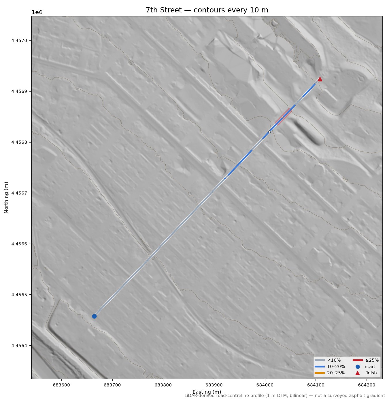 7th Street LiDAR hillshade map with contours