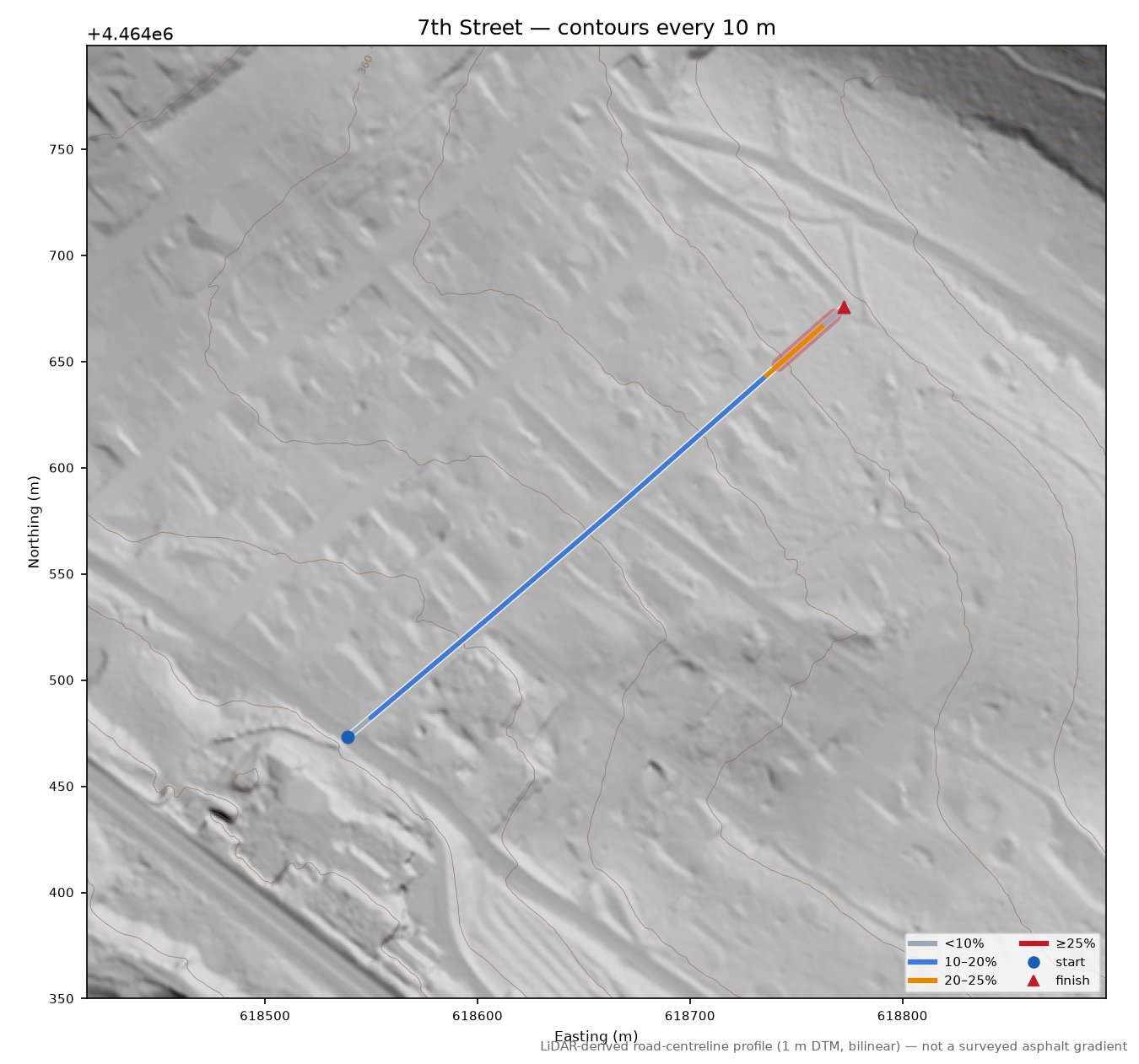 7th Street LiDAR hillshade map with contours