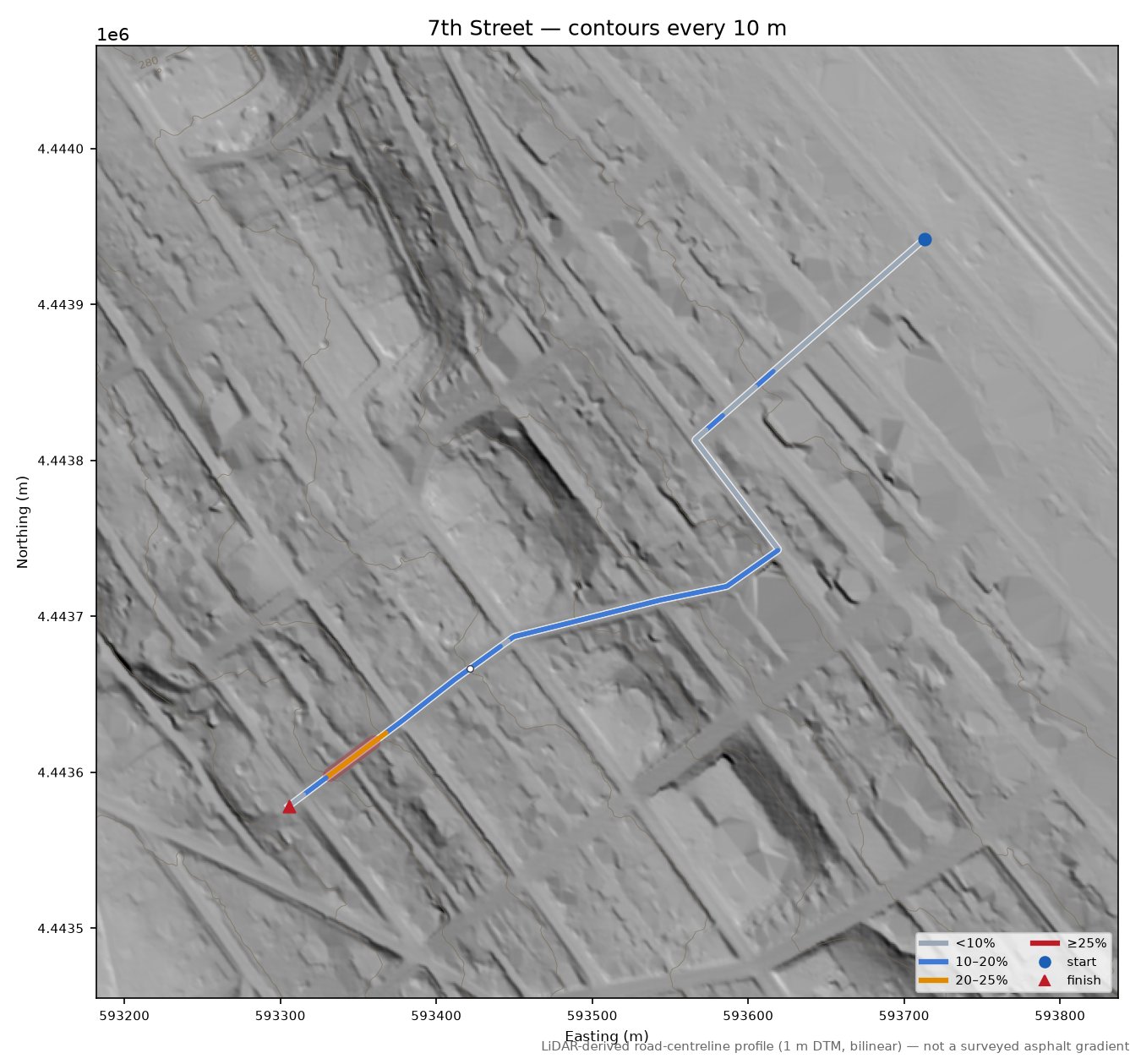 7th Street LiDAR hillshade map with contours