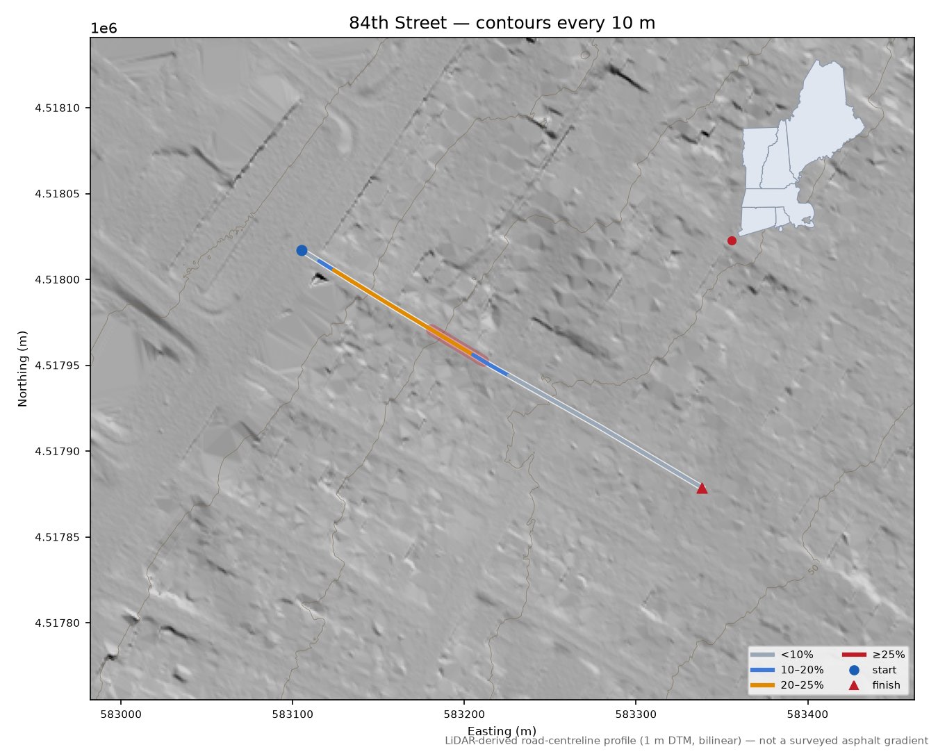 84th Street LiDAR hillshade map with contours