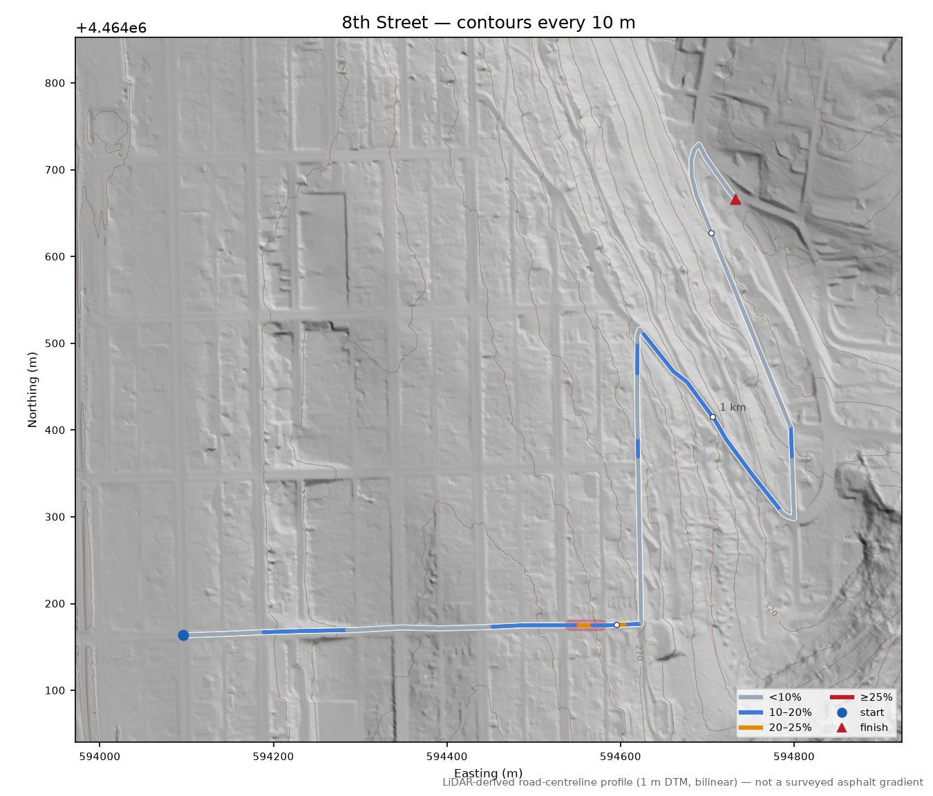 8th Street LiDAR hillshade map with contours