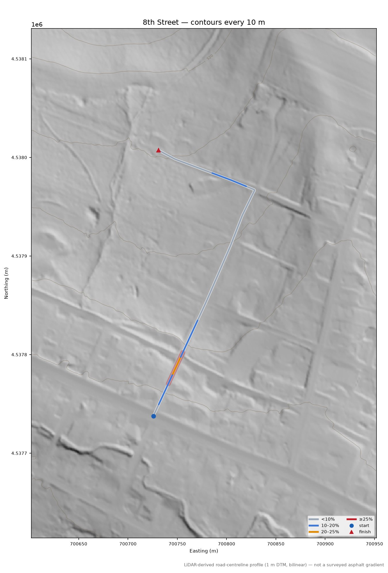 8th Street LiDAR hillshade map with contours