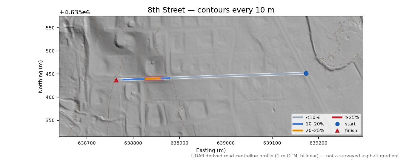 8th Street LiDAR hillshade map with contours
