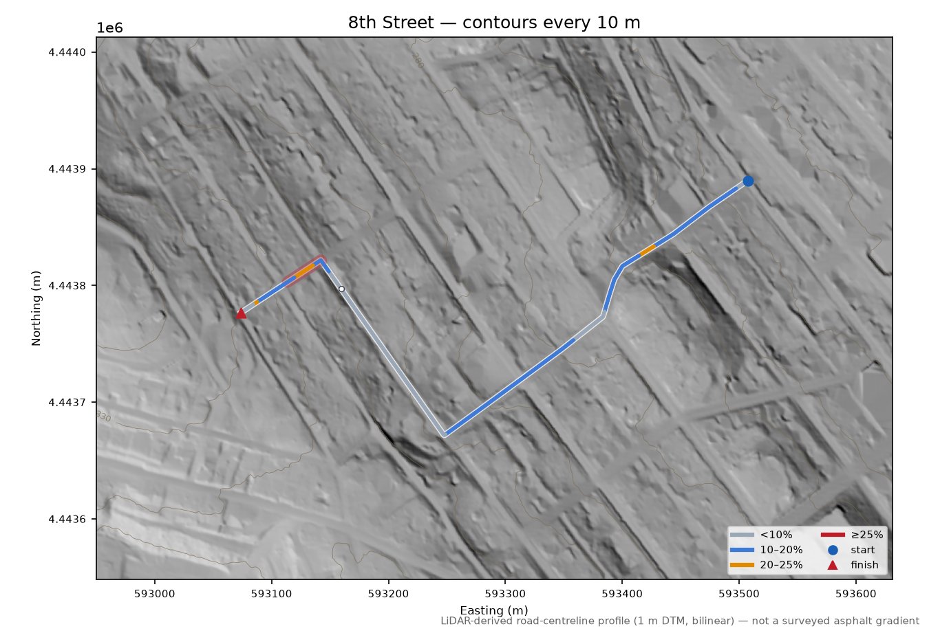 8th Street LiDAR hillshade map with contours