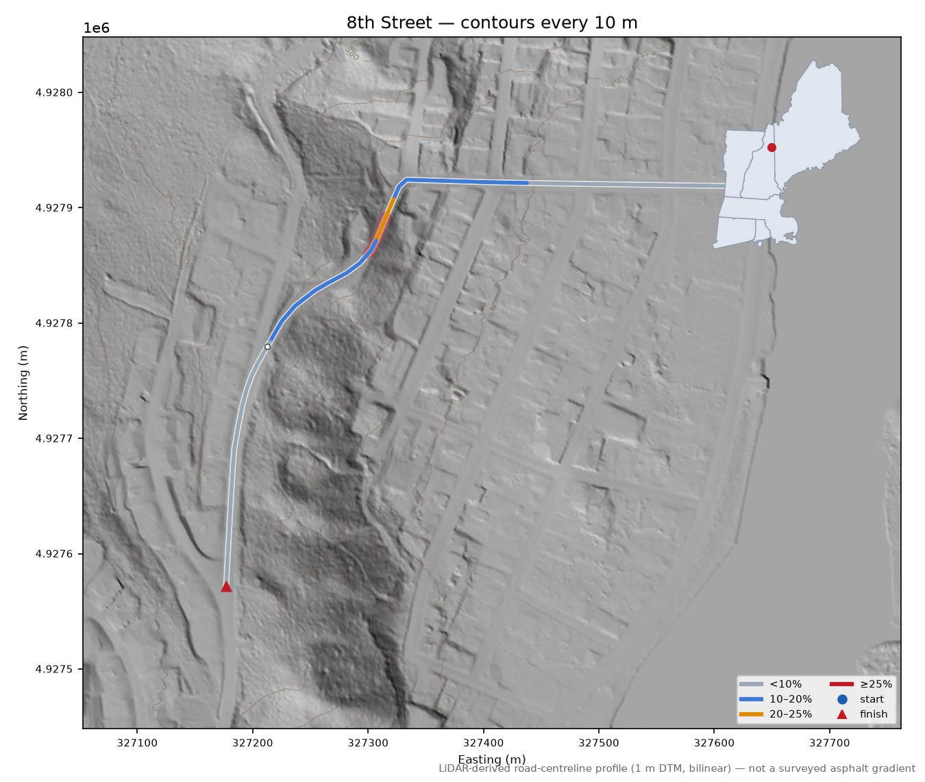 8th Street LiDAR hillshade map with contours