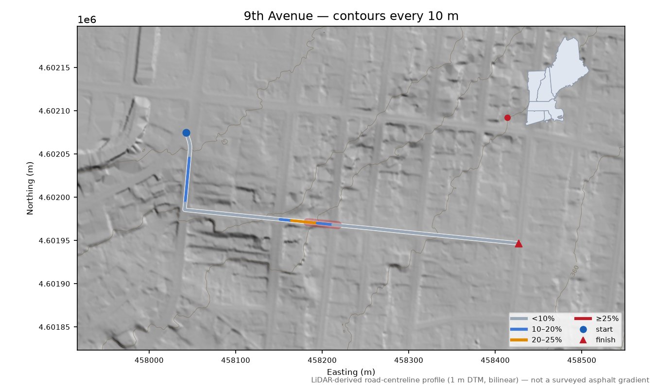 9th Avenue LiDAR hillshade map with contours