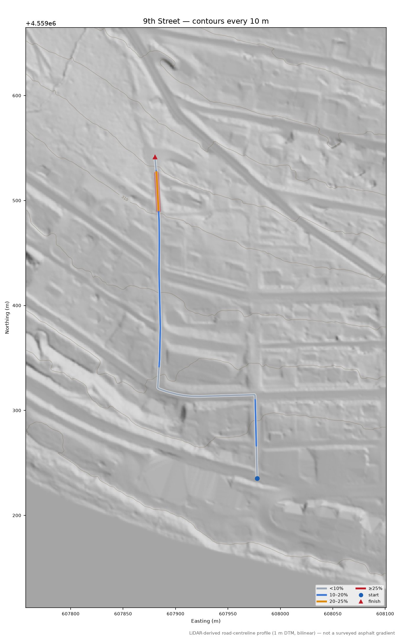 9th Street LiDAR hillshade map with contours