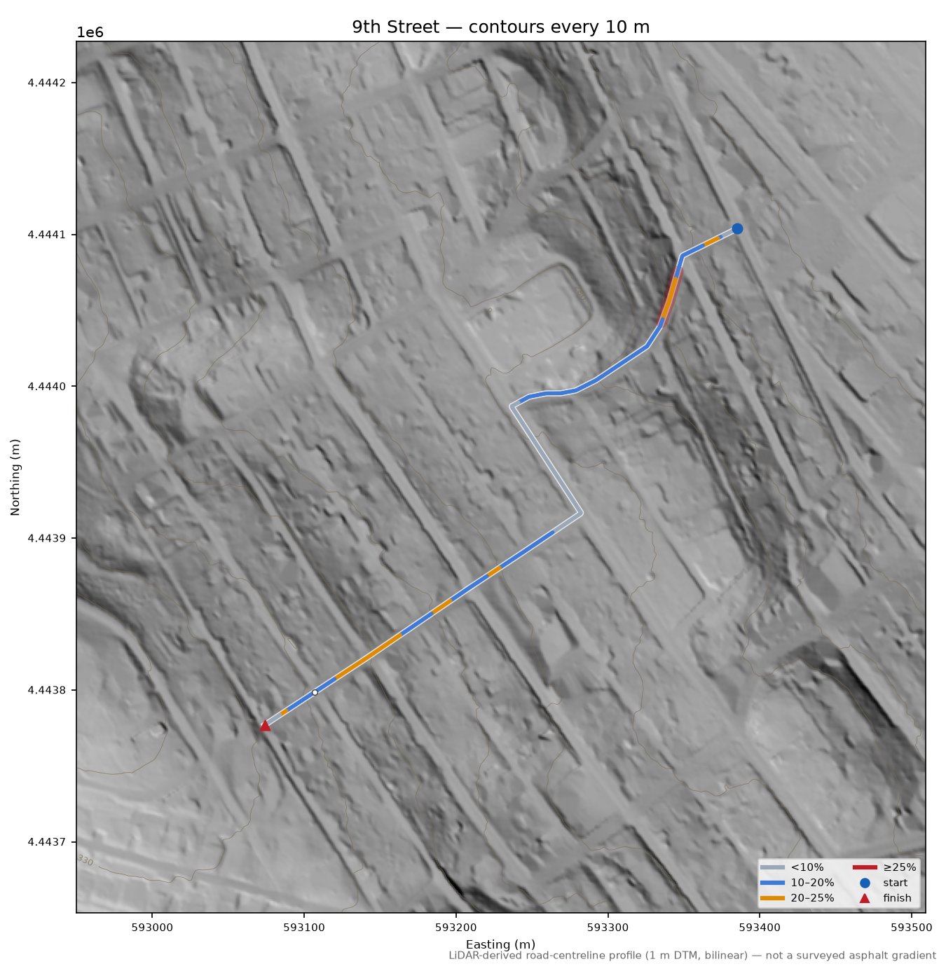 9th Street LiDAR hillshade map with contours