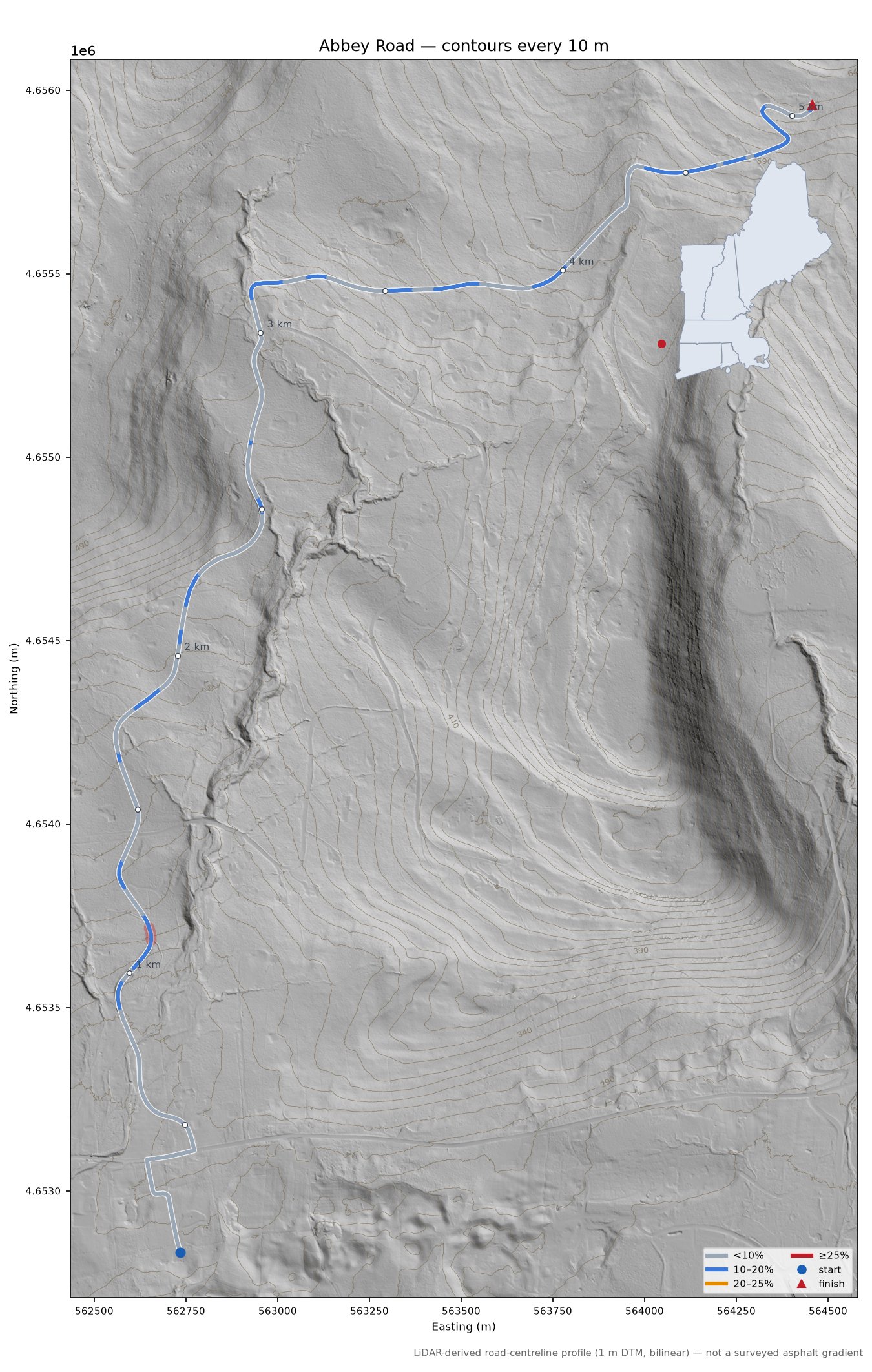 Abbey Road LiDAR hillshade map with contours