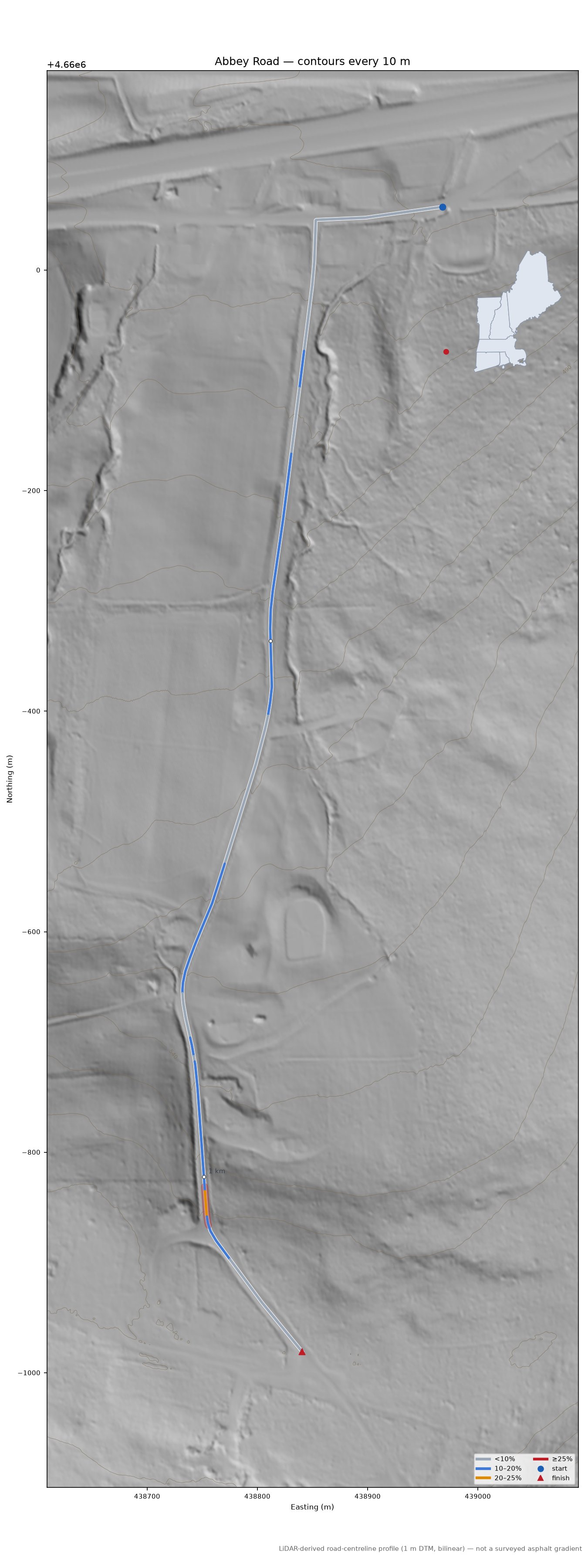 Abbey Road LiDAR hillshade map with contours