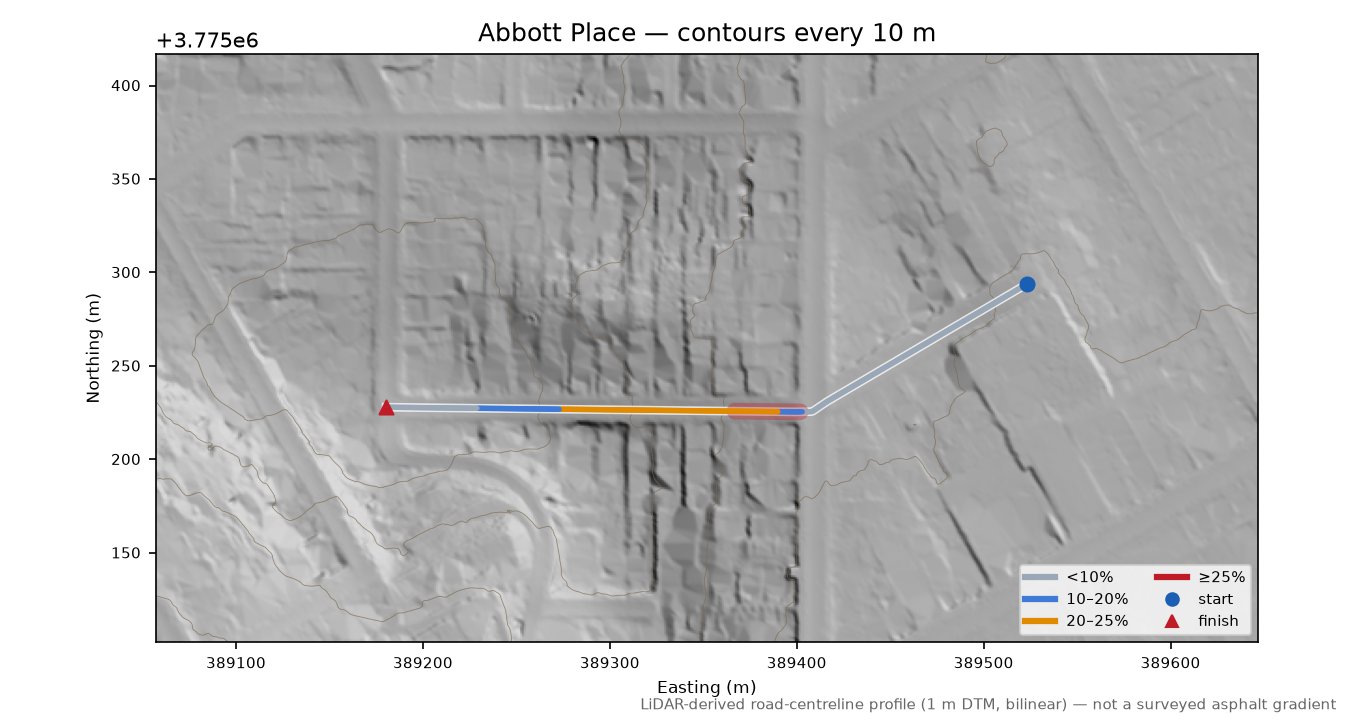 Abbott Place LiDAR hillshade map with contours