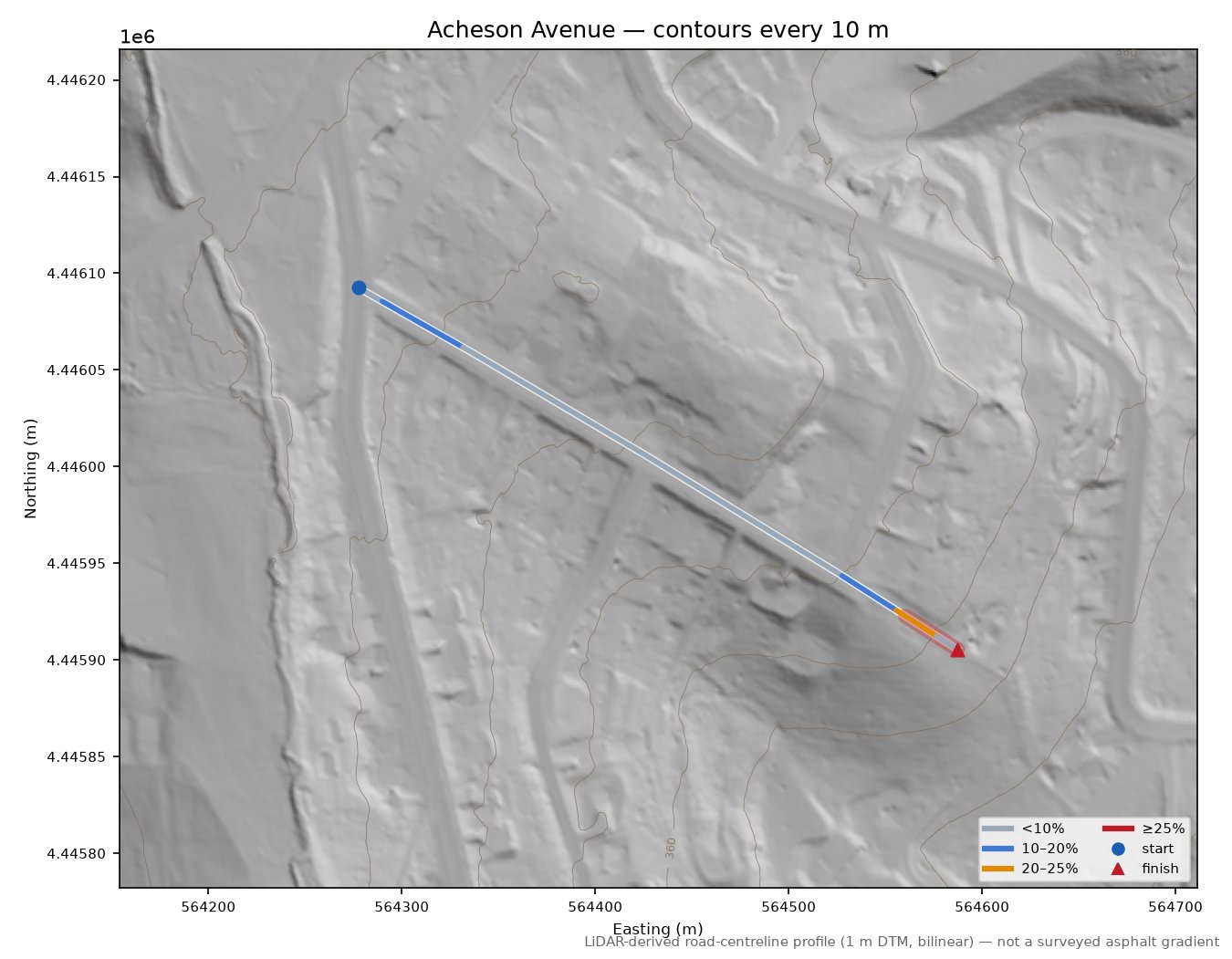 Acheson Avenue LiDAR hillshade map with contours