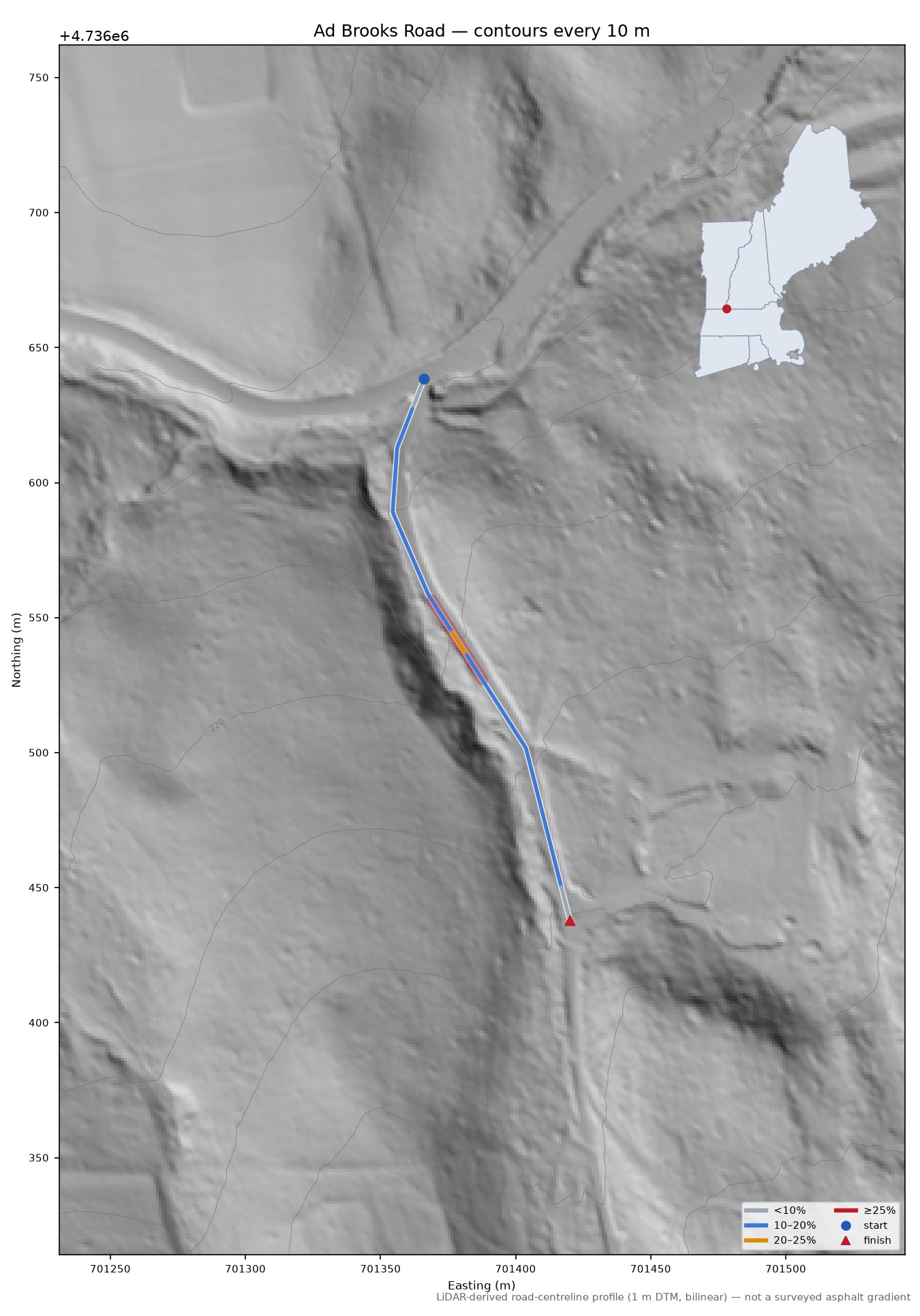 Ad Brooks Road LiDAR hillshade map with contours