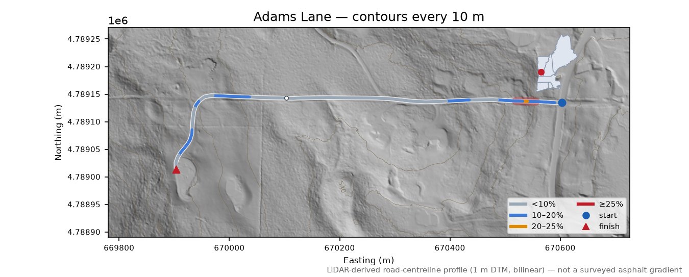 Adams Lane LiDAR hillshade map with contours
