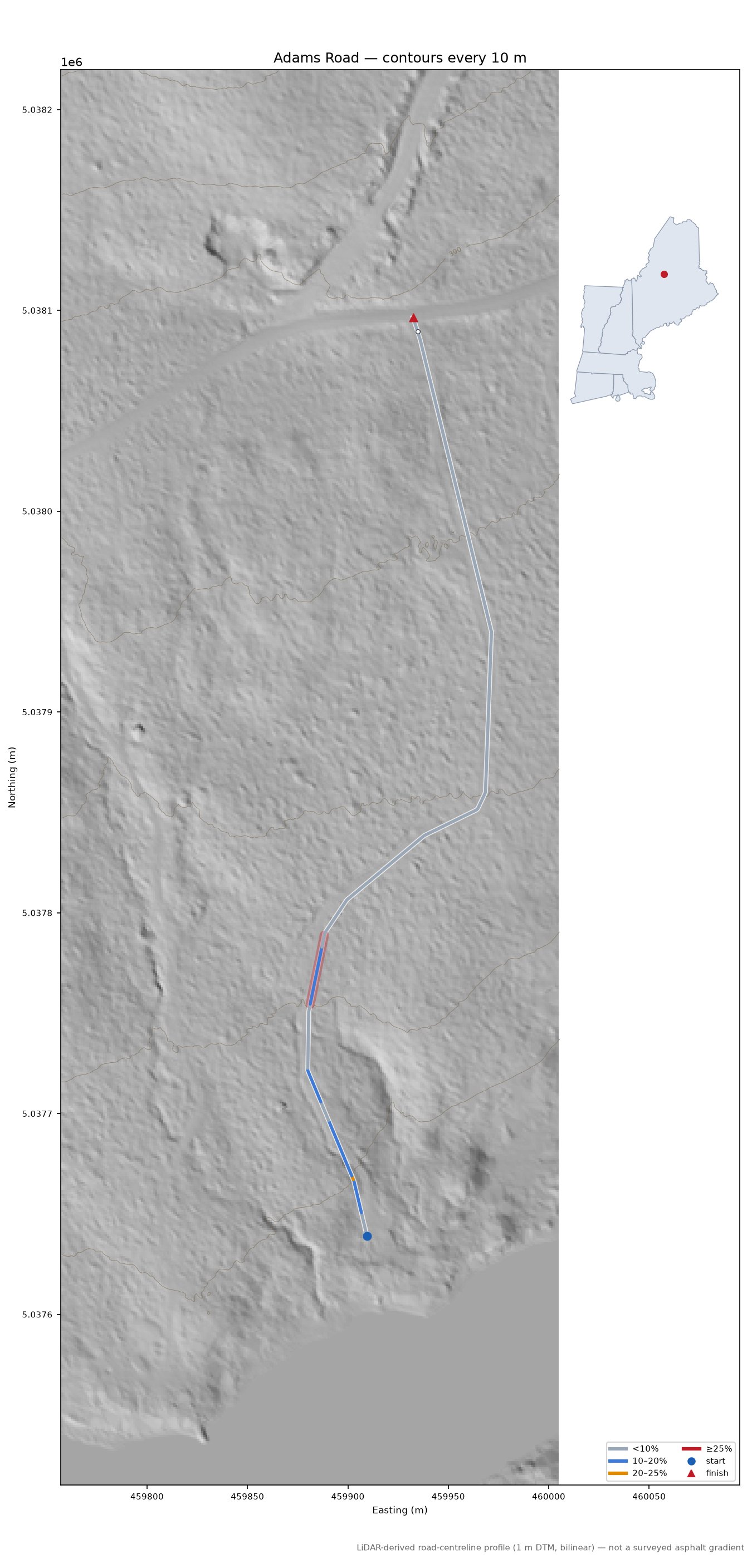 Adams Road LiDAR hillshade map with contours