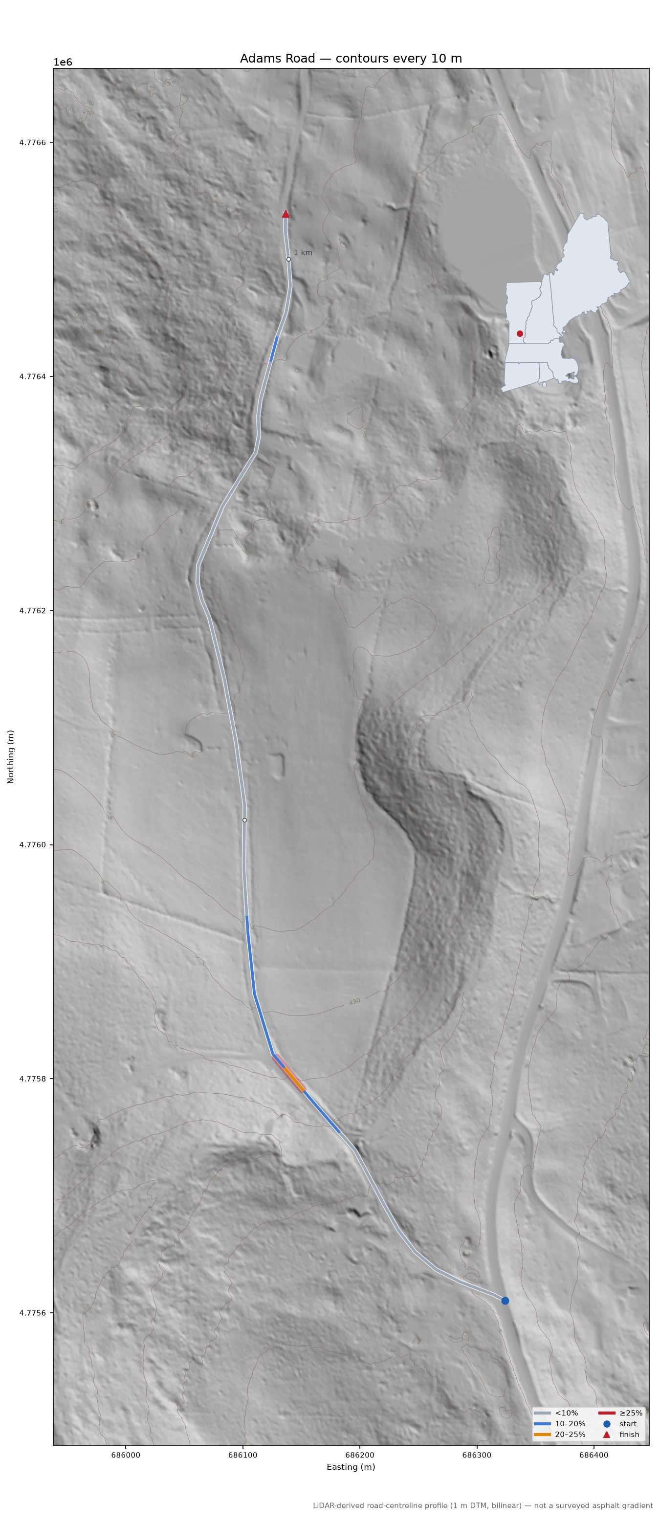 Adams Road LiDAR hillshade map with contours