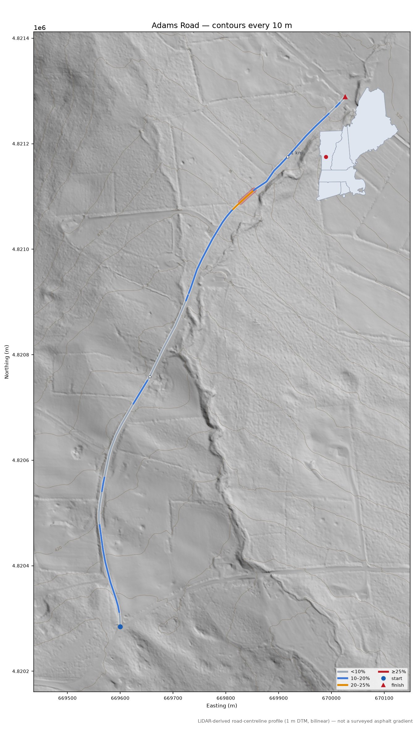 Adams Road LiDAR hillshade map with contours