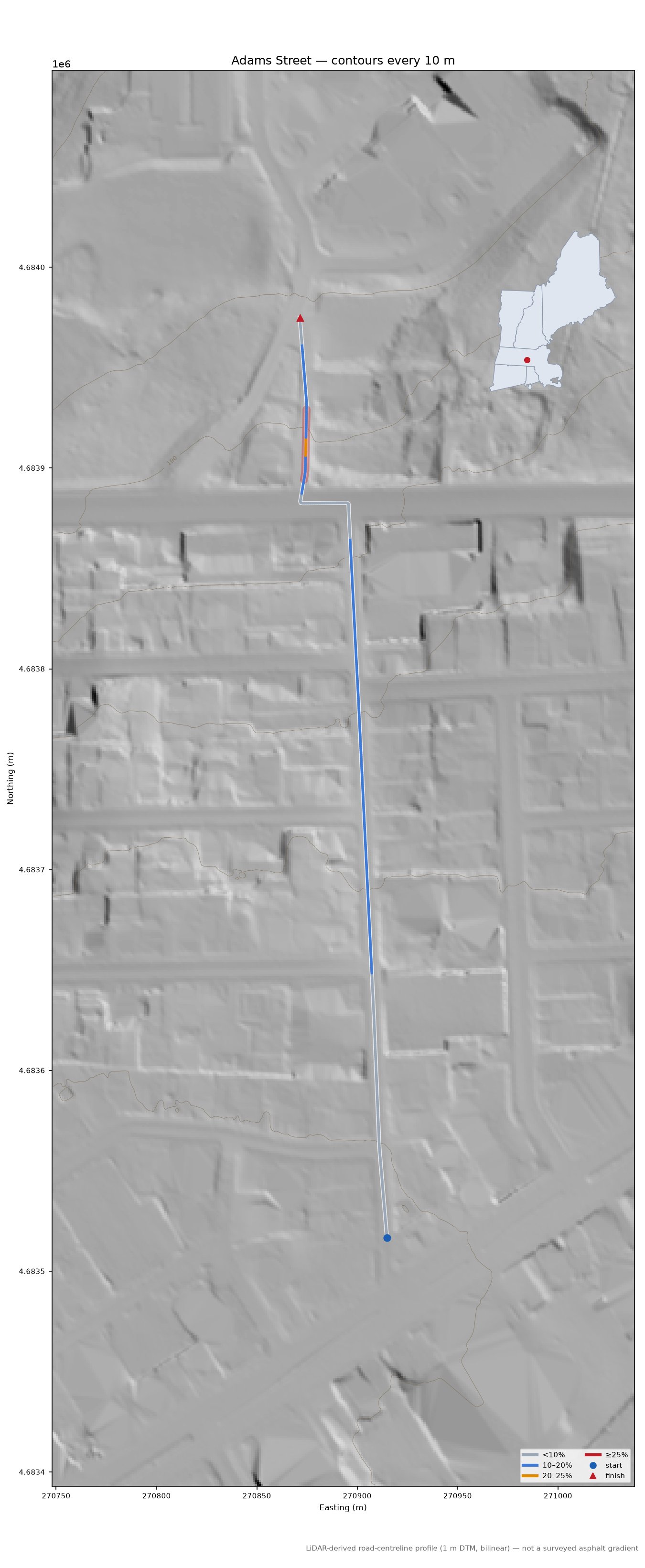 Adams Street LiDAR hillshade map with contours