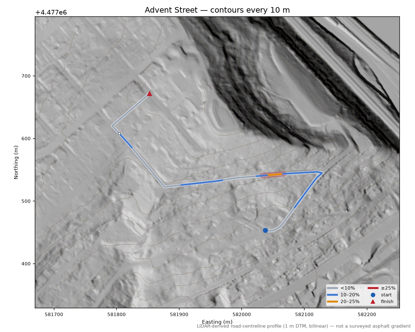 Advent Street LiDAR hillshade map with contours