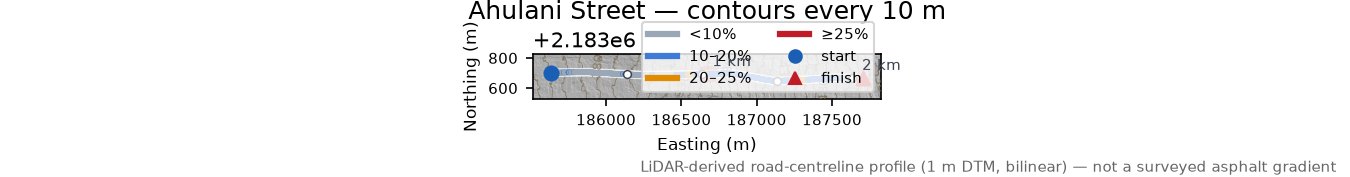Ahulani Street LiDAR hillshade map with contours