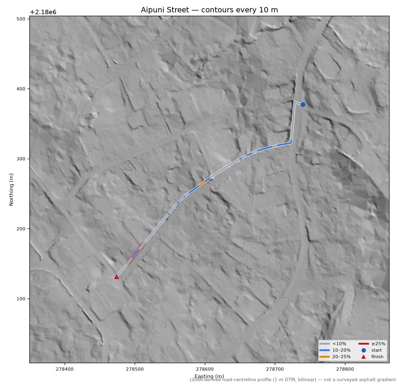 Aipuni Street LiDAR hillshade map with contours